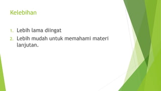 Kelebihan
1. Lebih lama diingat
2. Lebih mudah untuk memahami materi
lanjutan.
 