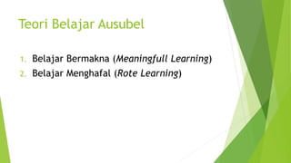 Teori Belajar Ausubel
1. Belajar Bermakna (Meaningfull Learning)
2. Belajar Menghafal (Rote Learning)
 