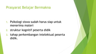 Prasyarat Belajar Bermakna
1. Psikologi siswa sudah harus siap untuk
menerima materi
2. struktur kognitif peserta didik
3. tahap perkembangan intelektual peserta
didik.
 
