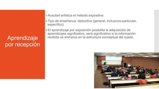 Aprendizaje
por recepción
Ausubel enfatiza el método expositivo.
Tipo de enseñanza: deductiva (general, inclusivos-particular,
específico).
El aprendizaje por exposición posibilita la adquisición de
aprendizajes significativo, será significativo si la información
recibida se enmarca en la estructura conceptual del sujeto.
 