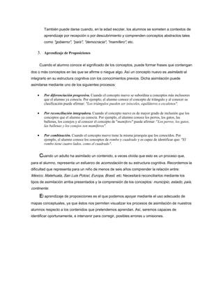 También puede darse cuando, en la edad escolar, los alumnos se someten a contextos de
aprendizaje por recepción o por descubrimiento y comprenden conceptos abstractos tales
como "gobierno", "país", "democracia", "mamífero", etc.
3. Aprendizaje de Proposiciones
Cuando el alumno conoce el significado de los conceptos, puede formar frases que contengan
dos o más conceptos en las que se afirme o niegue algo. Así un concepto nuevo es asimilado al
integrarlo en su estructura cognitiva con los conocimientos previos. Dicha asimilación puede
asimilarse mediante uno de los siguientes procesos:
• Por diferenciación progresiva. Cuando el concepto nuevo se subordina a conceptos más inclusores
que el alumno ya conocía. Por ejemplo, el alumno conoce el concepto de triángulo y al conocer su
clasificación puede afirmar: "Los triángulos pueden ser isósceles, equiláteros o escalenos".
• Por reconciliación integradora. Cuando el concepto nuevo es de mayor grado de inclusión que los
conceptos que el alumno ya conocía. Por ejemplo, el alumno conoce los perros, los gatos, las
ballenas, los conejos y al conocer el concepto de "mamífero" puede afirmar: "Los perros, los gatos,
las ballenas y los conejos son mamíferos".
• Por combinación. Cuando el concepto nuevo tiene la misma jerarquía que los conocidos. Por
ejemplo, el alumno conoce los conceptos de rombo y cuadrado y es capaz de identificar que: "El
rombo tiene cuatro lados, como el cuadrado".
CCCCuando un adulto ha asimilado un contenido, a veces olvida que esto es un proceso que,
para el alumno, representa un esfuerzo de acomodación de su estructura cognitiva. Recordemos la
dificultad que representa para un niño de menos de seis años comprender la relación entre:
México, Matehuala, San Luis Potosí, Europa, Brasil, etc. Necesitará reconciliarlos mediante los
tipos de asimilación arriba presentados y la comprensión de los conceptos: municipio, estado, país,
continente.
EEEEl aprendizaje de proposiciones es el que podemos apoyar mediante el uso adecuado de
mapas conceptuales, ya que éstos nos permiten visualizar los procesos de asimilación de nuestros
alumnos respecto a los contenidos que pretendemos aprendan. Así, seremos capaces de
identificar oportunamente, e intervenir para corregir, posibles errores u omisiones.
 