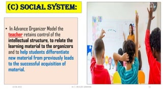 (C) Social System:
• In Advance Organizer Model the
teacher retains control of the
intellectual structure, to relate the
learning material to the organizers
and to help students differentiate
new material from previously leads
to the successful acquisition of
material.
14-06-2022 Dr. C. BEULAH JAYARANI 11
 
