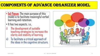 • (a) Focus: The main purpose of this
model is to facilitate meaningful verbal
learning and retention.
• It has two aspects, i.e.,
i) The development of suitable
teaching strategies to increase the
clarity and stability of learning
ii) To facilitate a critical approach of
the ideas in the cognitive structure.
14-06-2022 Dr. C. BEULAH JAYARANI 9
COMPONENTS OF ADVANCE ORGANIZER MODEL
 