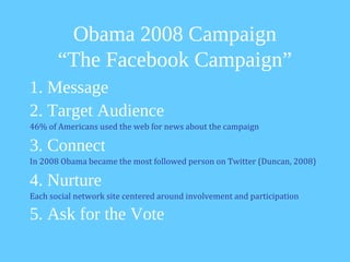 Obama 2008 Campaign
       “The Facebook Campaign”
1. Message
2. Target Audience
46% of Americans used the web for news about the campaign

3. Connect
In 2008 Obama became the most followed person on Twitter (Duncan, 2008)

4. Nurture
Each social network site centered around involvement and participation

5. Ask for the Vote
 