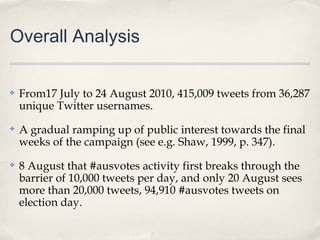 Overall Analysis

✤   From17 July to 24 August 2010, 415,009 tweets from 36,287
    unique Twitter usernames.
✤   A gradual ramping up of public interest towards the final
    weeks of the campaign (see e.g. Shaw, 1999, p. 347).
✤   8 August that #ausvotes activity first breaks through the
    barrier of 10,000 tweets per day, and only 20 August sees
    more than 20,000 tweets, 94,910 #ausvotes tweets on
    election day.
 
