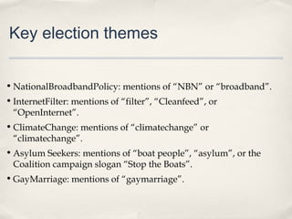 Key election themes


• NationalBroadbandPolicy: mentions of “NBN” or “broadband”.
• InternetFilter: mentions of “filter”, “Cleanfeed”, or
  “OpenInternet”.
• ClimateChange: mentions of “climatechange” or
  “climatechange”.
• Asylum Seekers: mentions of “boat people”, “asylum”, or the
  Coalition campaign slogan “Stop the Boats”.
• GayMarriage: mentions of “gaymarriage”.
 