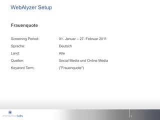 WebAlyzer Setup


Frauenquote

Screening Period:   01. Januar – 27. Februar 2011

Sprache:            Deutsch

Land:               Alle

Quellen:            Social Media und Online Media

Keyword Term:       ("Frauenquote")




                                                    2
 