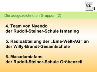 Die ausgezeichneten Gruppen (2) 4. Team von Nyendo  der Rudolf-Steiner-Schule Ismaning 5. Radioabteilung der „Eine-Welt-AG“ an der Willy-Brandt-Gesamtschule 6. Macadamiafans  der Rudolf-Steiner-Schule Gröbenzell 