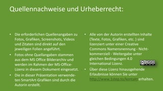 Quellennachweise und Urheberrecht: 
• Die erforderlichen Quellenangaben zu 
Fotos, Grafiken, Screenshots, Videos 
und Zitaten sind direkt auf den 
jeweiligen Folien angeführt. 
• Fotos ohne Quellangaben stammen 
aus dem MS Office Bilderarchiv und 
werden im Rahmen der MS-Office- 
Lizenz in diesem Dokument eingesetzt. 
• Die in dieser Präsentation verwende-ten 
SmartArt-Grafiken sind durch die 
Autorin erstellt. 
• Alle von der Autorin erstellten Inhalte 
(Texte, Fotos, Grafiken, etc. ) sind 
lizenziert unter einer Creative 
Commons Namensnennung - Nicht-kommerziell 
- Weitergabe unter 
gleichen Bedingungen 4.0 
International Lizenz. 
• Über diese Lizenz hinausgehende 
Erlaubnisse können Sie unter 
http://www.1step.to/kontakt erhalten. 
 