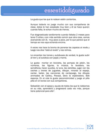Le gusta que los que le rodean estén contentos.

     Aunque todavía no juega mucho con sus compañeros de
     clase, éstos le han aceptado muy bien y él se hace querer;
     cuando falta, le echan mucho de menos.

     Fue diagnosticado tardíamente cuando faltaba 2 meses para
     tener 5 años y con más sentido común que otra cosa, vamos
     avanzando con él, muy poco a poco, por lo que parece que el
     tiempo se nos vaya echando encima.

     A veces nos hace la broma de ponerse los zapatos al revés y
     luego nos dice "está al revés" y nos reímos.

     Le encantan los trenes y autobuses de verdad, le gusta subir
     al tren y al autobús con papá y mamá.

     Le gusta: montar en bicicleta, las pompas de jabón, los
     números, las figuras, la música, la lavadora, los
     semáforos, hacer puzzles, la luna, las estrellas, jugar con los
     coches y trenes de juguetes, dibujar, mirarse al espejo,
     cantar, bailar, las canciones de cantajuego, los dibujos
     animados de Caillou, Pocoyó, Dora la exploradora, Bob
     esponja. En el cole le gusta psicomotricidad y juega al pilla
     pilla en el recreo con sus compañeros.

     Sebastián con el apoyo y ayuda de todos los que le rodeamos
     en su vida, aprenderá y progresará cada vez más, porque
     tiene potencial para ello”.




en sentido figurado. revista literaria. año 4 num. 4 may/jun. 2011. Especial del Autismo   121
 