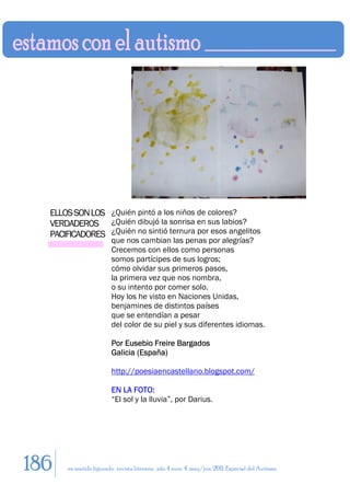 ELLOS SON LOS ¿Quién pintó a los niños de colores?
  VERDADEROS ¿Quién dibujó la sonrisa en sus labios?
  PACIFICADORES ¿Quién no sintió ternura por esos angelitos
                        que nos cambian las penas por alegrías?
                        Crecemos con ellos como personas
                        somos partícipes de sus logros;
                        cómo olvidar sus primeros pasos,
                        la primera vez que nos nombra,
                        o su intento por comer solo.
                        Hoy los he visto en Naciones Unidas,
                        benjamines de distintos países
                        que se entendían a pesar
                        del color de su piel y sus diferentes idiomas.

                        Por Eusebio Freire Bargados
                        Galicia (España)

                        http://poesiaencastellano.blogspot.com/

                        EN LA FOTO:
                        “El sol y la lluvia”, por Darius.




186   en sentido figurado. revista literaria. año 4 num. 4. may/jun. 2011. Especial del Autismo
 