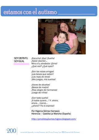SOY DISTINTO,        ¡Escucha! ¡Oye! ¡Sueña!
  SOY IGUAL            ¡Nota! ¡Siente!...
                       Mira a tu alrededor ¡Dime!
                       ¿Qué ves? ¿Qué oyes?

                       ¡Son las voces amigas!
                       ¡Los besos que saben!
                       ¡Las risas de otros!
                       ¡Mis juegos, mis sueños!

                       ¡Voces de abuelos!
                       ¡Besos de madre!
                       ¡Risa alegre de hermanos!
                       ¡Juego de niños!

                       ¡Con todo sueño!
                       ¡A todos quiero... ! Y, ahora,
                       ahora... mamá...
                       ¿ahora? !Ya lo expreso!

                       Por Higorca Gómez Carrasco
                       Herencia – Castilla-La Mancha (España)

                       http://pincelesyplumas-higoca.blogspot.com/




200    en sentido figurado. revista literaria. año 4 num. 4. may/jun. 2011. Especial del Autismo
 