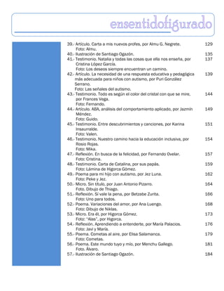 39.- Artículo. Carta a mis nuevos profes, por Almu G. Negrete.         129
     Foto: Almu.
40.- Ilustración de Santiago Ogazón.                                   135
41.- Testimonio. Natalia y todas las cosas que ella nos enseña, por    137
     Cristina López García.
     Foto: Los deseos siempre encuentran un camino.
42.- Artículo. La necesidad de una respuesta educativa y pedagógica    139
    más adecuada para niños con autismo, por Puri González
    Serrano.
    Foto: Las señales del autismo.
43.- Testimonio. Todo es según el color del cristal con que se mire,   144
     por Frances Vega.
     Foto: Fernando.
44.- Artículo. ABA, análisis del comportamiento aplicado, por Jazmín   149
     Méndez.
     Foto: Guido.
45.- Testimonio. Entre descubrimientos y canciones, por Karina         151
     Insaurralde.
     Foto: Valen.
46.- Testimonio. Nuestro camino hacia la educación inclusiva, por      154
     Rosio Rojas.
     Foto: Mika.
47.- Reflexión. En busca de la felicidad, por Fernando Ovelar.         157
     Foto: Cristina.
48.- Testimonio. Carta de Catalina, por sus papás.                     159
     Foto: Lámina de Higorca Gómez.
49.- Poema para mi hijo con autismo, por Jez Luna.                     162
     Foto: Peke y Jez.
50.- Micro. Sin título, por Juan Antonio Pizarro.                      164
     Foto. Dibujo de Thiago.
51.- Reflexión. Sí vale la pena, por Betzabe Zurita.                   166
     Foto: Uno para todos.
52.- Poema. Variaciones del amor, por Ana Luengo.                      168
     Foto: Dibujo de Niklas.
53.- Micro. Era él, por Higorca Gómez.                                 173
     Foto: “Alas”, por Higorca.
54.- Reflexión. Aprendiendo a entenderte, por María Palacios.          176
     Foto: Javi y María.
55.- Poema. Cometas al aire, por Elisa Salamanca.                      179
     Foto: Cometas.
56.- Poema. Este mundo tuyo y mío, por Menchu Gallego.                 181
     Foto. Álvaro.
57.- Ilustración de Santiago Ogazón.                                   184
 