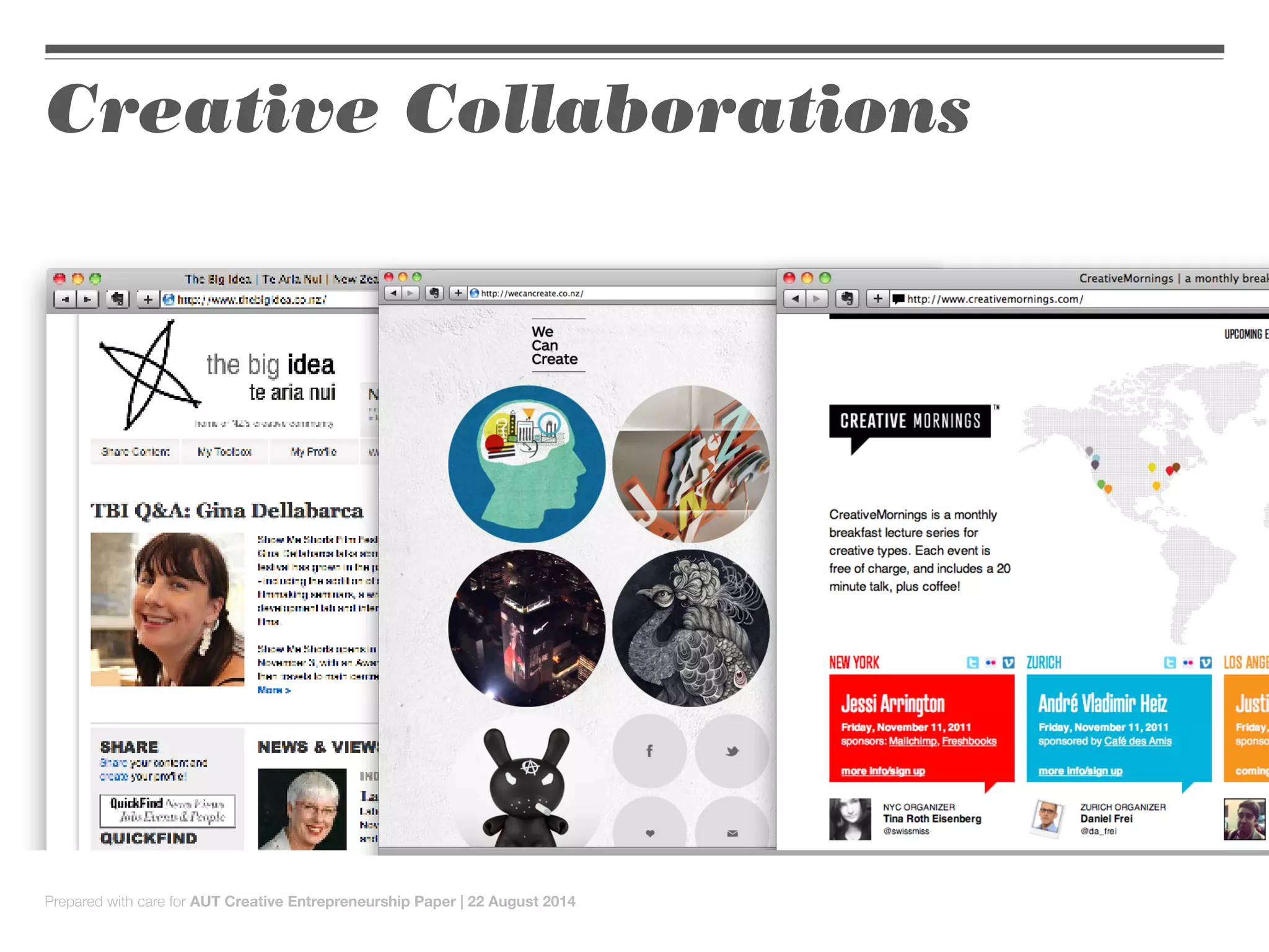 Creative Collaborations
Prepared with care for AUT Creative Entrepreneurship Paper | 22 August 2014
 