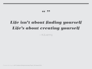 “ ”
Life isn’t about finding yourself
Life’s about creating yourself
– #LilLearning
Prepared with care for AUT Creative Entrepreneurship Paper | 22 August 2014
 
