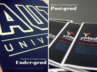 Master of Arts Management
Post-grad
Bachelor of Graphic Design
Under-grad
Prepared with care for AUT Creative Entrepreneurship Paper | 22 August 2014
 