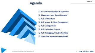 Copyright © 2020 HCL Technologies Limited | www.hcltechsw.com
Agenda
3
 HCL AUT Introduction & Overview
 Advantages over Smart Upgrade
 AUT Architecture
 AUT Server & Client Components
 AUT Configuration
 AUT End to End Process
 AUT Debugging/Troubleshooting
 Questions, Answers & Feedback?
 