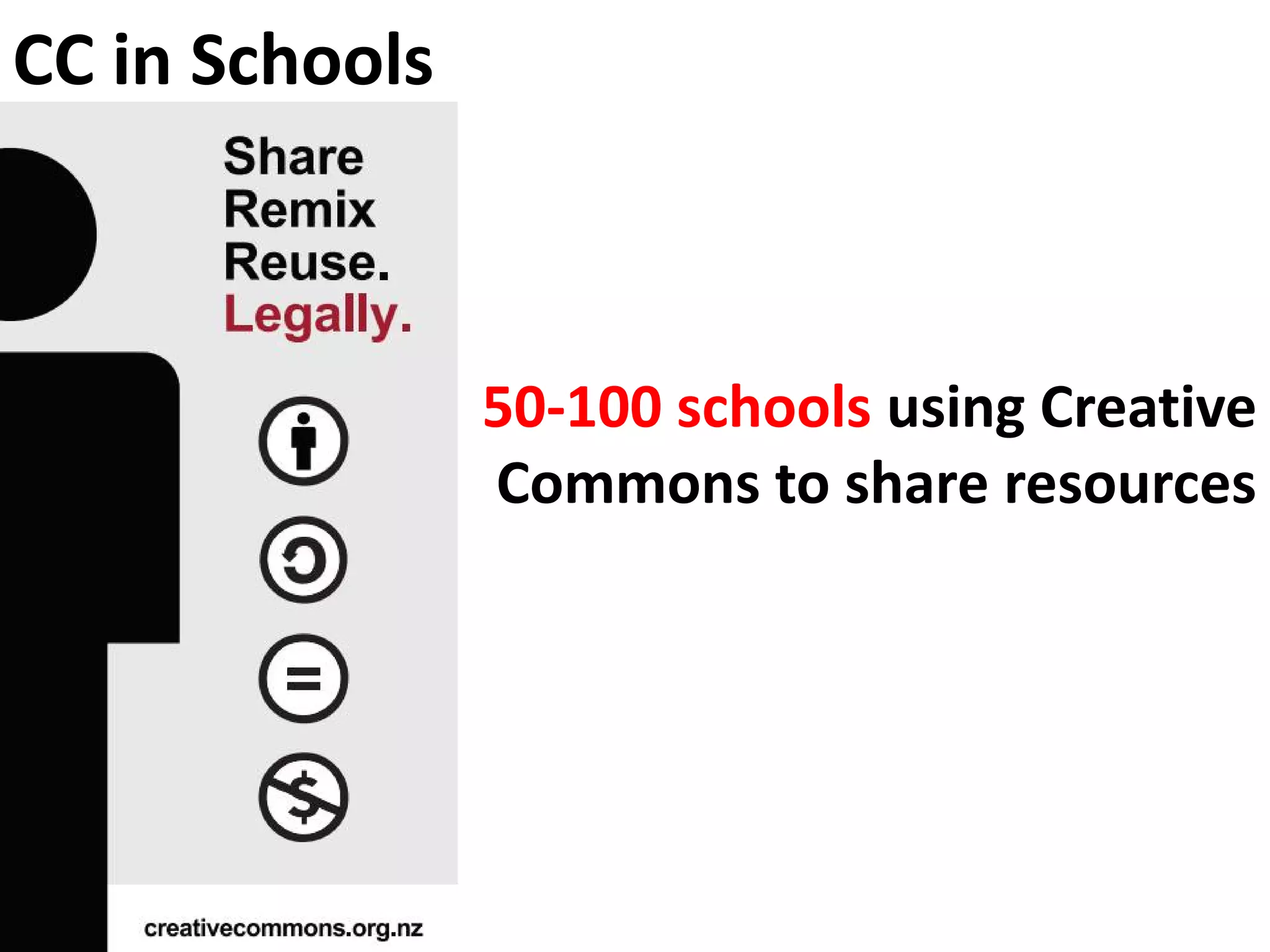 CC in Schools
50-100 schools using Creative
Commons to share resources
 