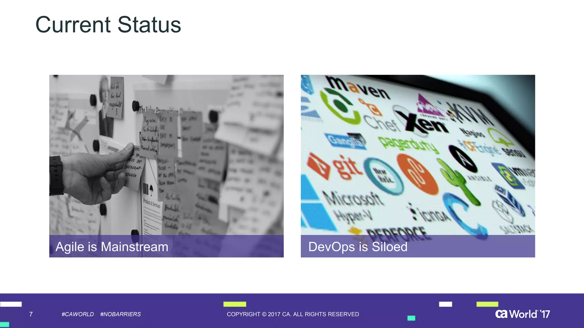 7 COPYRIGHT © 2017 CA. ALL RIGHTS RESERVED#CAWORLD #NOBARRIERS
Current Status
DevOps is SiloedAgile is Mainstream
 