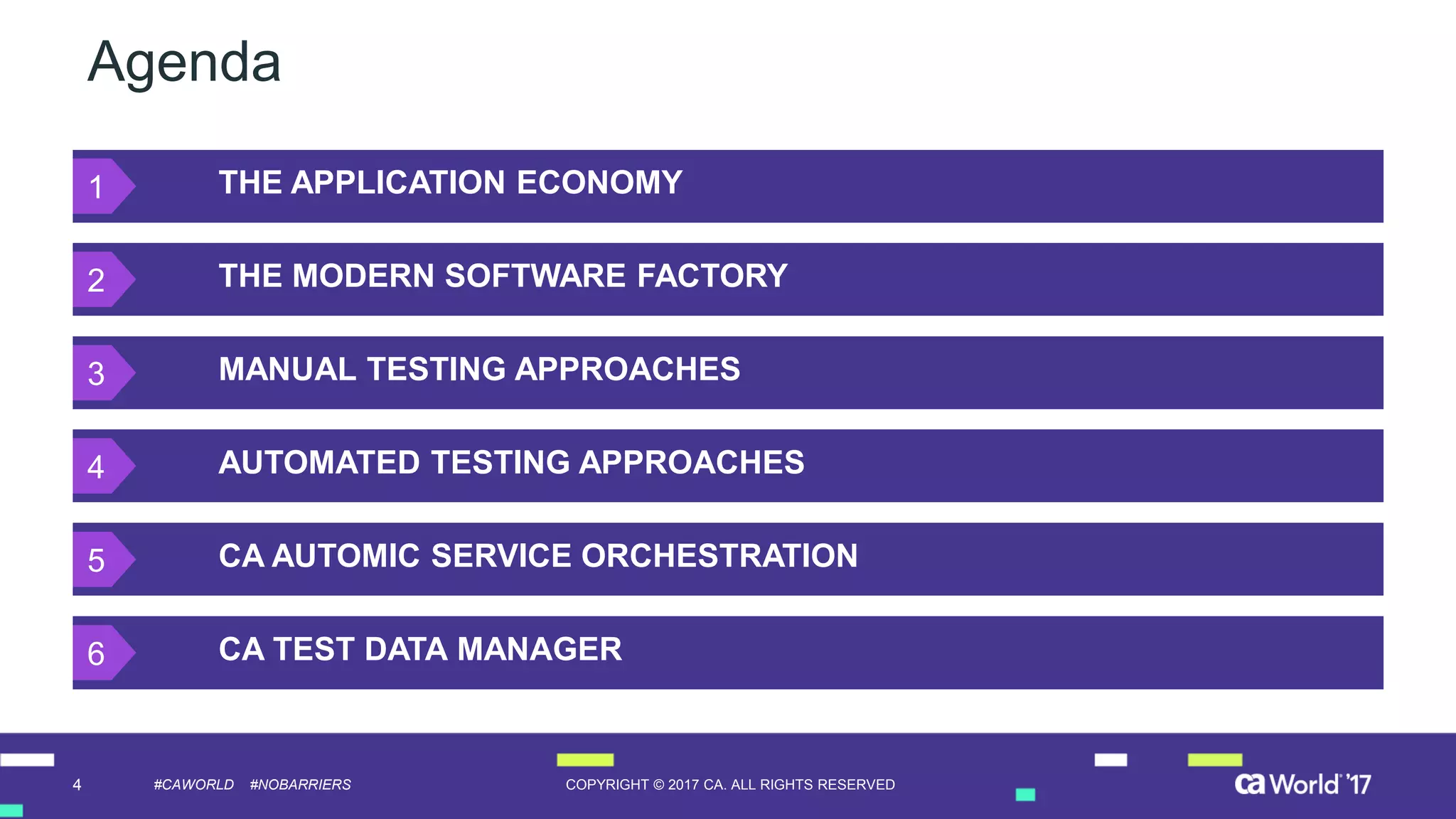 4 COPYRIGHT © 2017 CA. ALL RIGHTS RESERVED#CAWORLD #NOBARRIERS
Agenda
THE APPLICATION ECONOMY
THE MODERN SOFTWARE FACTORY
CA TEST DATA MANAGER
MANUAL TESTING APPROACHES
AUTOMATED TESTING APPROACHES
CA AUTOMIC SERVICE ORCHESTRATION
1
2
3
4
5
6
 