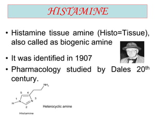 HISTAMINE
• Histamine tissue amine (Histo=Tissue),
also called as biogenic amine
• It was identified in 1907
• Pharmacology studied by Dales 20th
century.
N N
NH2
H
1
2
3
45
Histamine
Heterocyclic amine
 