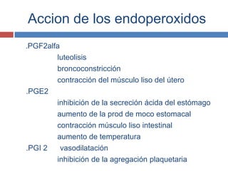 Accion de los endoperoxidos
.PGF2alfa
        luteolisis
        broncoconstricción
        contracción del músculo liso del útero
.PGE2
        inhibición de la secreción ácida del estómago
        aumento de la prod de moco estomacal
        contracción músculo liso intestinal
        aumento de temperatura
.PGI 2    vasodilatación
        inhibición de la agregación plaquetaria
 