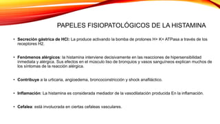 PAPELES FISIOPATOLÓGICOS DE LA HISTAMINA
• Secreción gástrica de HCl: La produce activando la bomba de protones H+ K+ ATPasa a través de los
receptores H2.
• Fenómenos alérgicos: la histamina interviene decisivamente en las reacciones de hipersensibilidad
inmediata y alérgica. Sus efectos en el músculo liso de bronquios y vasos sanguíneos explican muchos de
los síntomas de la reacción alérgica.
• Contribuye a la urticaria, angioedema, broncoconstricción y shock anafiláctico.
• Inflamación: La histamina es considerada mediador de la vasodilatación producida En la inflamación.
• Cefalea: está involucrada en ciertas cefaleas vasculares.
 