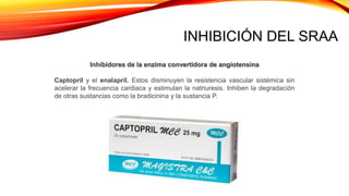 INHIBICIÓN DEL SRAA
Inhibidores de la enzima convertidora de angiotensina
Captopril y el enalapril. Estos disminuyen la resistencia vascular sistémica sin
acelerar la frecuencia cardiaca y estimulan la natriuresis. Inhiben la degradación
de otras sustancias como la bradicinina y la sustancia P.
 