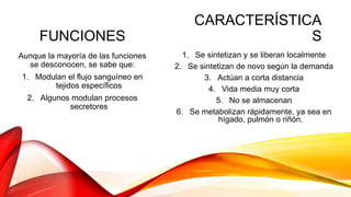 CARACTERÍSTICA
S
1. Se sintetizan y se liberan localmente
2. Se sintetizan de novo según la demanda
3. Actúan a corta distancia
4. Vida media muy corta
5. No se almacenan
6. Se metabolizan rápidamente, ya sea en
hígado, pulmón o riñón.
FUNCIONES
Aunque la mayoría de las funciones
se desconocen, se sabe que:
1. Modulan el flujo sanguíneo en
tejidos específicos
2. Algunos modulan procesos
secretores
 