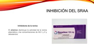 INHIBICIÓN DEL SRAA
Inhibidores de la renina
El aliskiren disminuye la actividad de la renina
plasmática y las concentraciones de AG I y II y
aldosterona.
 