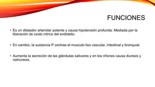 FUNCIONES
• Es un dilatador arteriolar potente y causa hipotensión profunda. Mediada por la
liberación de oxido nítrico del endotelio.
• En cambio, la sustancia P contrae el musculo liso vascular, intestinal y bronquial.
• Aumenta la secreción de las glándulas salivares y en los riñones causa diuresis y
natriuresis.
 