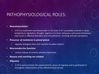 PATHOPHYSIOLOGICAL ROLES:
• Neurotransmitter:
• 5-HT is a confirmed neurotransmitter in the brain 5-HT is probably involved in sleep,
temperature regulation, thought, cognitive function, behaviour and mood (imbalance
may result in affective disorders and schizophrenia), vomiting and pain perception.
• Precursor of melatonin in pineal gland.
• regulate biological clock and maintain circadian rhythm.
• Neuroendocrine function:
• control release of anterior pituitary hormones.
• Nausea and vomiting are evoked.
• Migraine
• 5-HT is said to initiate the vasoconstrictor phase of migraine and to participate in
neurogenic inflammation of the affected blood vessels.
 