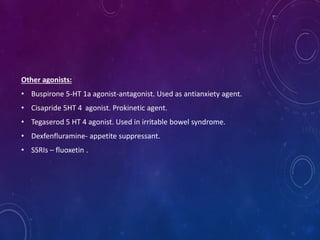 Other agonists:
• Buspirone 5-HT 1a agonist-antagonist. Used as antianxiety agent.
• Cisapride 5HT 4 agonist. Prokinetic agent.
• Tegaserod 5 HT 4 agonist. Used in irritable bowel syndrome.
• Dexfenfluramine- appetite suppressant.
• SSRIs – fluoxetin .
 