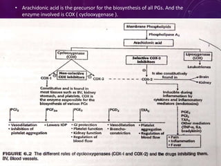 • Arachidonic acid is the precursor for the biosynthesis of all PGs. And the
enzyme involved is COX ( cyclooxygenase ).
 