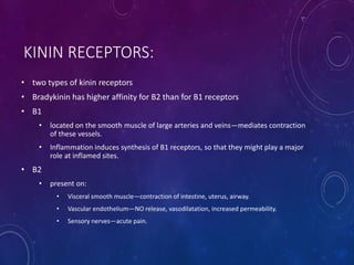 KININ RECEPTORS:
• two types of kinin receptors
• Bradykinin has higher affinity for B2 than for B1 receptors
• B1
• located on the smooth muscle of large arteries and veins—mediates contraction
of these vessels.
• Inflammation induces synthesis of B1 receptors, so that they might play a major
role at inflamed sites.
• B2
• present on:
• Visceral smooth muscle—contraction of intestine, uterus, airway.
• Vascular endothelium—NO release, vasodilatation, increased permeability.
• Sensory nerves—acute pain.
 