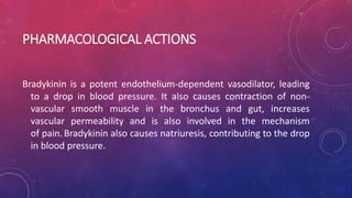 PHARMACOLOGICAL ACTIONS
Bradykinin is a potent endothelium-dependent vasodilator, leading
to a drop in blood pressure. It also causes contraction of non-
vascular smooth muscle in the bronchus and gut, increases
vascular permeability and is also involved in the mechanism
of pain. Bradykinin also causes natriuresis, contributing to the drop
in blood pressure.
 