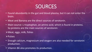 SOURCES 
• Found abundantly in the gut and blood plasma, but it can not enter the 
brain. 
• Meat and Banana are the direct sources of serotonin. 
• Main source: L-tryptophan, an amino acid, which is found in proteins. 
So proteins are the main sources of serotonin: 
Meat, eggs, milk, fishes 
Pulses 
• Enough calcium, magnesium and oxygen are also needed for serotonin 
production. 
• Vitamin B6 also promotes its production. 
 