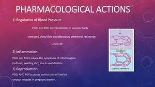 PHARMACOLOGICAL ACTIONS 
1) Regulation of Blood Pressure 
PGE2 and PGI2 are vasodilators in vascular beds 
Increased blood flow and decreased peripheral resistance 
Lower BP 
2) Inflammation 
PGE1 and PGE2 induce the symptoms of Inflammation 
(redness, swelling etc.) due to vasodilation. 
3) Reproduction 
PGE2 AND PGF2α causes contraction of Uterine 
smooth muscles in pregnant women. 
 