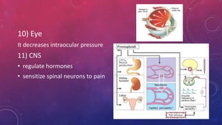 10) Eye 
It decreases intraocular pressure 
11) CNS 
• regulate hormones 
• sensitize spinal neurons to pain 
 