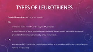 TYPES OF LEUKOTRIENES 
• Cysteinyl leukotrienes: LTC4, LTD4, LTE4 and LTF4 
• LTB4 
• synthesized in vivo from LTA4 by the enzyme LTA4 hydrolase 
• primary function is to recruit neutrophils to areas of tissue damage, though it also helps promote the 
production of inflammatory cytokines by various immune cells. 
• LTG4 
• a metabolite of LTE4 in which the cysteinyl moiety oxidized to an alpha-keto-acid (i.e. the cysteine has been 
replaced by a pyruvate) 
 