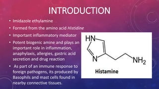 INTRODUCTION 
• Imidazole ethylamine 
• Formed from the amino acid Histidine 
• Important inflammatory mediator 
• Potent biogenic amine and plays an 
important role in inflammation, 
anaphylaxis, allergies, gastric acid 
secretion and drug reaction 
• As part of an immune response to 
foreign pathogens, its produced by 
Basophils and mast cells found in 
nearby connective tissues. 
 