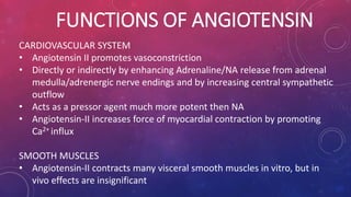 FUNCTIONS OF ANGIOTENSIN 
CARDIOVASCULAR SYSTEM 
• Angiotensin II promotes vasoconstriction 
• Directly or indirectly by enhancing Adrenaline/NA release from adrenal 
medulla/adrenergic nerve endings and by increasing central sympathetic 
outflow 
• Acts as a pressor agent much more potent then NA 
• Angiotensin-II increases force of myocardial contraction by promoting 
Ca2+ influx 
SMOOTH MUSCLES 
• Angiotensin-II contracts many visceral smooth muscles in vitro, but in 
vivo effects are insignificant 
 