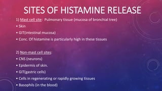 SITES OF HISTAMINE RELEASE 
1) Mast cell site: Pulmonary tissue (mucosa of bronchial tree) 
• Skin 
• GIT(intestinal mucosa) 
• Conc. Of histamine is particularly high in these tissues 
2) Non-mast cell sites: 
• CNS (neurons) 
• Epidermis of skin. 
• GIT(gastric cells) 
• Cells in regenerating or rapidly growing tissues 
• Basophils (in the blood) 
 