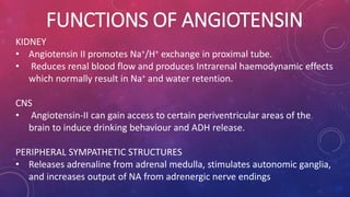 FUNCTIONS OF ANGIOTENSIN 
KIDNEY 
• Angiotensin II promotes Na+/H+ exchange in proximal tube. 
• Reduces renal blood flow and produces Intrarenal haemodynamic effects 
which normally result in Na+ and water retention. 
CNS 
• Angiotensin-II can gain access to certain periventricular areas of the 
brain to induce drinking behaviour and ADH release. 
PERIPHERAL SYMPATHETIC STRUCTURES 
• Releases adrenaline from adrenal medulla, stimulates autonomic ganglia, 
and increases output of NA from adrenergic nerve endings 
 
