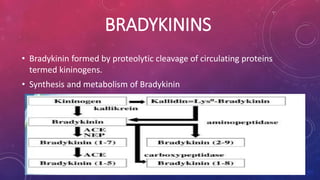 BRADYKININS 
• Bradykinin formed by proteolytic cleavage of circulating proteins 
termed kininogens. 
• Synthesis and metabolism of Bradykinin 
 
