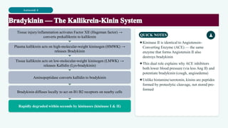 Autocoid 4
Tissue injury/inflammation activates Factor XII (Hageman factor) →
converts prekallikrein to kallikrein
Plasma kallikrein acts on high-molecular-weight kininogen (HMWK) →
releases Bradykinin
Tissue kallikrein acts on low-molecular-weight kininogen (LMWK) →
releases Kallidin (Lys-bradykinin)
Aminopeptidase converts kallidin to bradykinin
Bradykinin diffuses locally to act on B1/B2 receptors on nearby cells
Rapidly degraded within seconds by kininases (kininase I & II)
QUICK NOTES
✦Kininase II is identical to Angiotensin-
Converting Enzyme (ACE) — the same
enzyme that forms Angiotensin II also
destroys bradykinin
✦This dual role explains why ACE inhibitors
both lower blood pressure (via less Ang II) and
potentiate bradykinin (cough, angioedema)
✦Unlike histamine/serotonin, kinins are peptides
formed by proteolytic cleavage, not stored pre-
formed
 