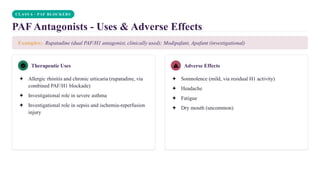 CLASS 6 · PAF BLOCKERS
PAF Antagonists - Uses & Adverse Effects
Examples:- Rupatadine (dual PAF/H1 antagonist, clinically used); Modipafant, Apafant (investigational)
Therapeutic Uses
✦ Allergic rhinitis and chronic urticaria (rupatadine, via
combined PAF/H1 blockade)
✦ Investigational role in severe asthma
✦ Investigational role in sepsis and ischemia-reperfusion
injury
Adverse Effects
✦ Somnolence (mild, via residual H1 activity)
✦ Headache
✦ Fatigue
✦ Dry mouth (uncommon)
 