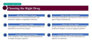 CLINICAL APPLICATION
Choosing the Right Drug
Allergic Rhinitis / Urticaria
Second-generation H1 antihistamine first-line; add
leukotriene modifier or rupatadine if refractory.
Peptic Ulcer / GERD
H2 antagonist for mild disease; proton pump inhibitors are
preferred for severe/erosive disease.
Chemotherapy-Induced Vomiting
5-HT3 antagonist ± NK1 antagonist and dexamethasone
for highly emetogenic regimens.
Pain, Fever, Inflammation
Non-selective NSAID for short-term use; COX-2 selective
agent if high GI bleeding risk.
Chronic / Allergic Asthma
Inhaled corticosteroid remains first-line; add leukotriene
modifier for allergen- or exercise-triggered symptoms.
Severe Allergic/Anaphylactic Reaction
Epinephrine is first-line; H1 (± H2) antihistamines are
adjuncts, not substitutes.
 