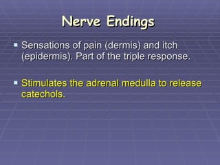 Nerve Endings   Sensations of pain (dermis) and itch (epidermis). Part of the triple response. Stimulates the adrenal medulla to release catechols.  