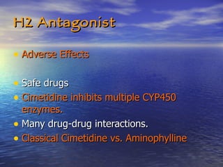 H2 Antagonist Adverse Effects Safe drugs Cimetidine inhibits multiple CYP450 enzymes.   Many drug-drug interactions. Classical Cimetidine vs. Aminophylline 
